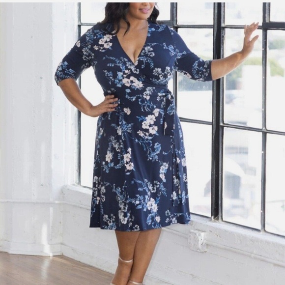 Kiyonna Dresses & Skirts - Kiyonna NWT Floral Stretchy Wrap Dress Navy Blue and Pink Size 1X